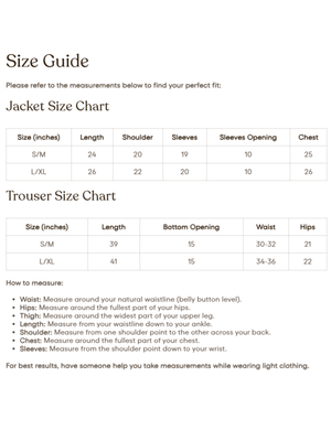 The Elowen Set Size Chart