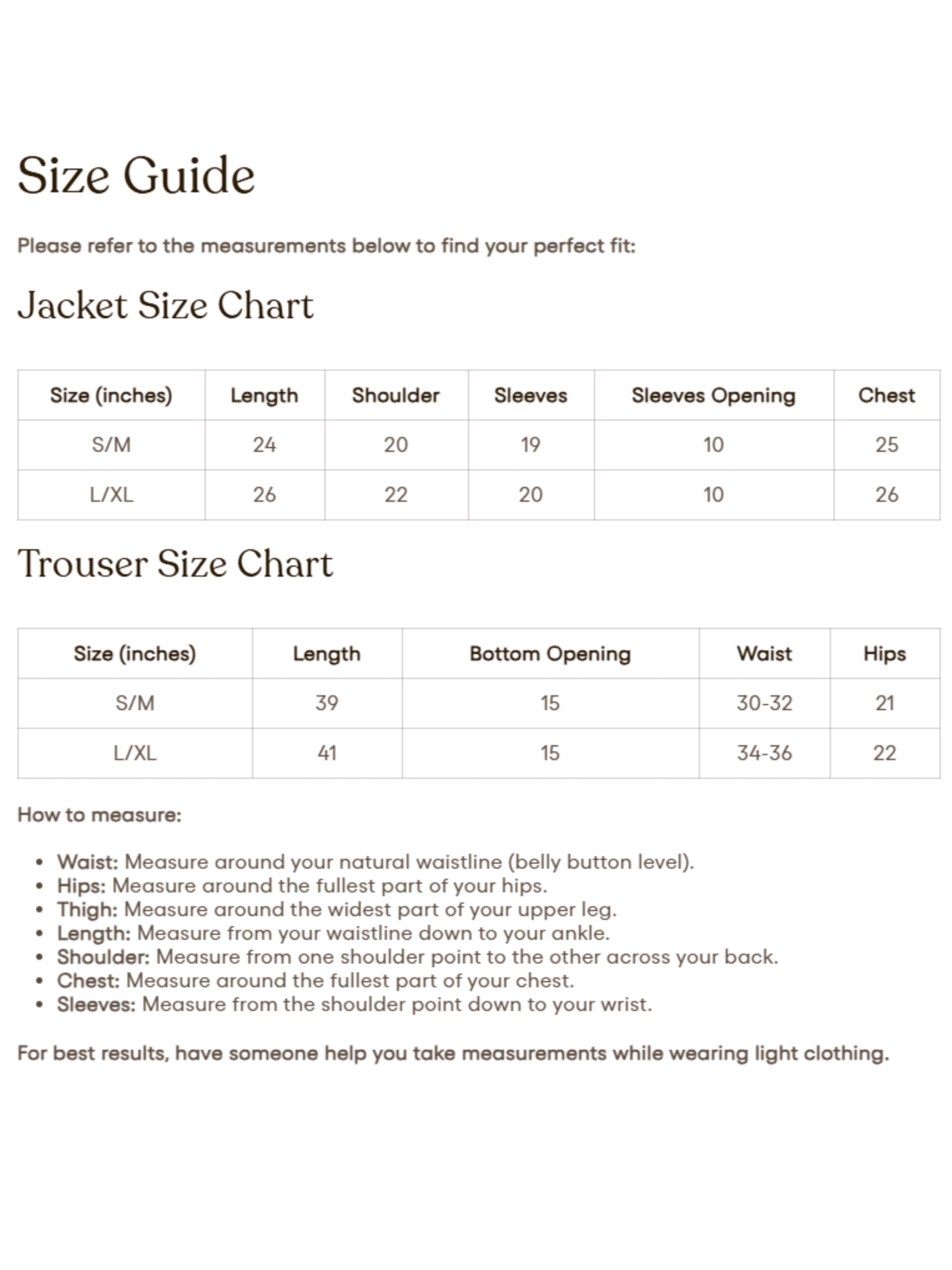 The Elowen Set Size Chart